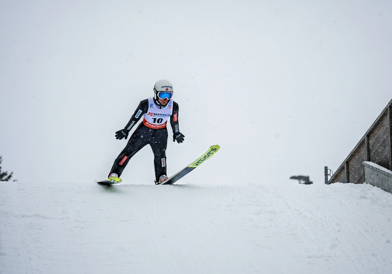 Anonymous ski jumper mid-air above a snowy landing ramp at a ski competition.