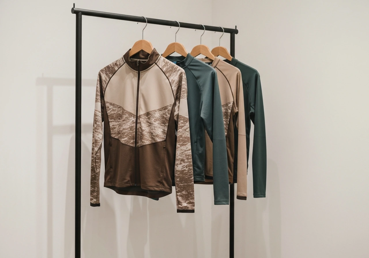 Minimal clothing rack with sporty training wear, styled like an apparel brand showcase.