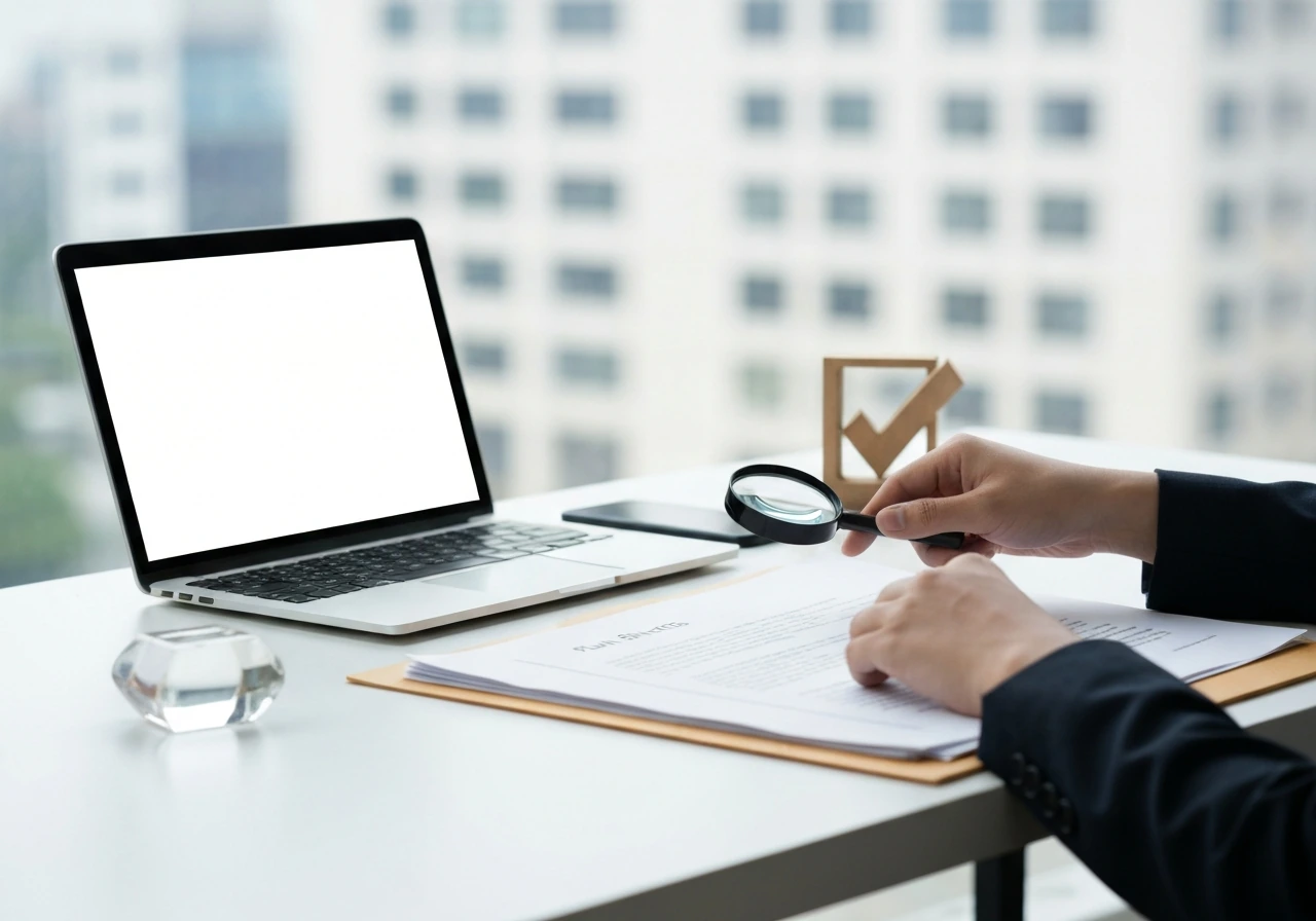 Anonymous analyst’s hands examining documents with a magnifying glass and a check token on a quiet desk.