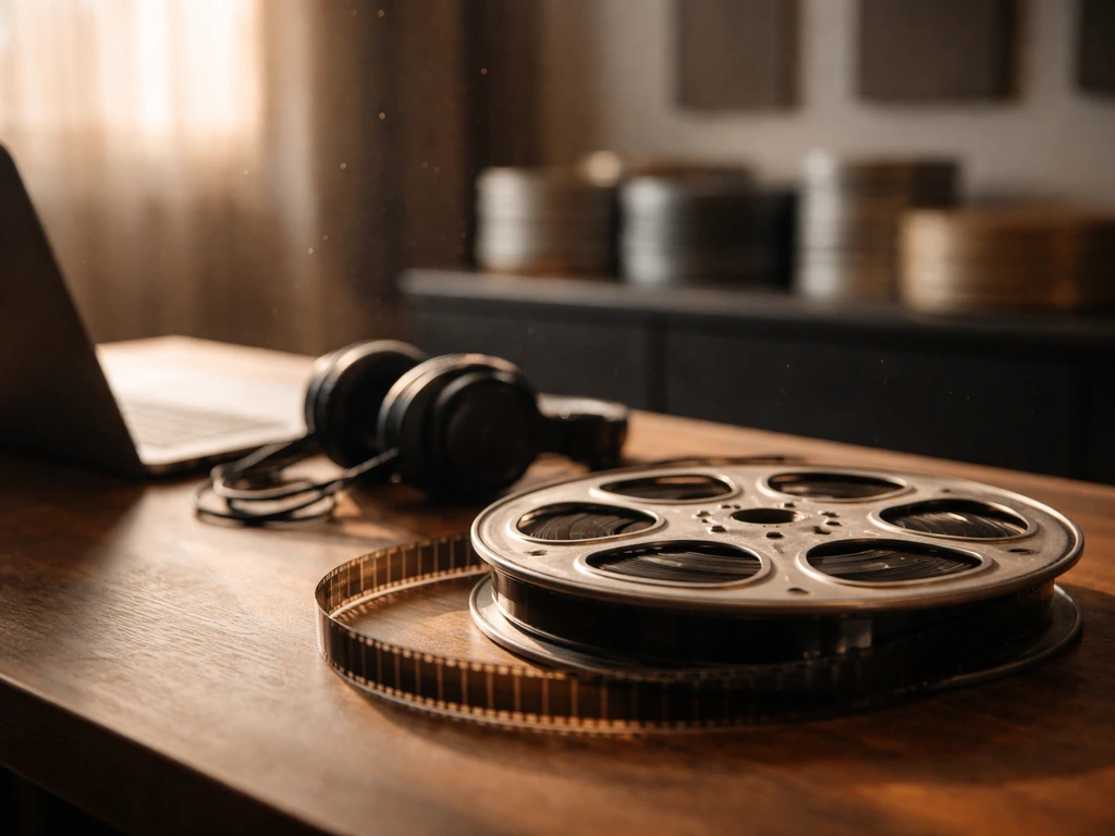 Cinematic studio scene with film reel and soft light, symbolic of a Japanese film director’s wealth and media career.