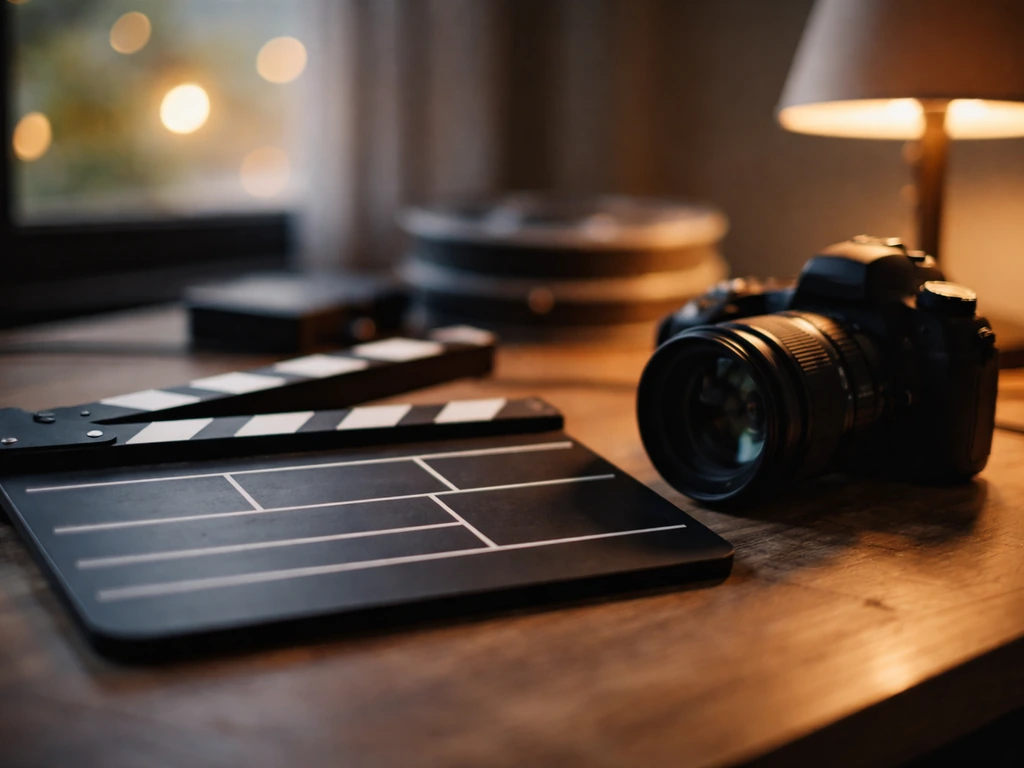 Minimal film director workspace with a clapperboard and camera, symbolizing film work and wealth context.