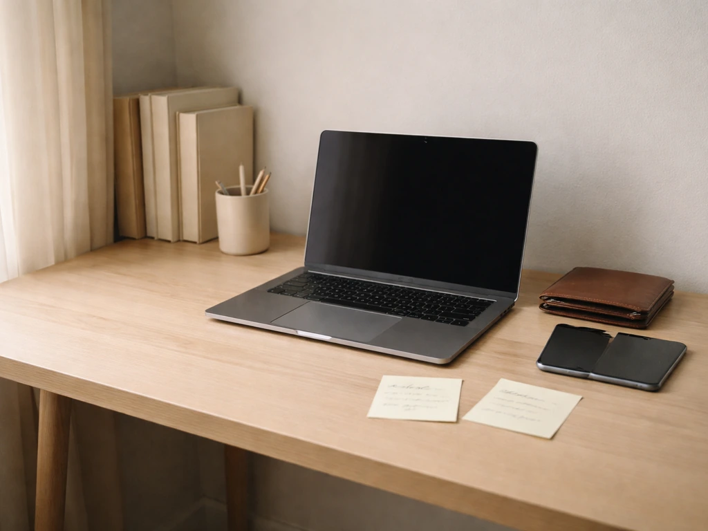 Minimal home office desk with wallet and blurred notes implying unverified claims, no people present.