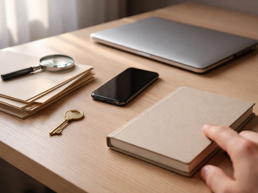 Minimal office desk with a smartphone and documents suggesting self-verification steps for financial figures.