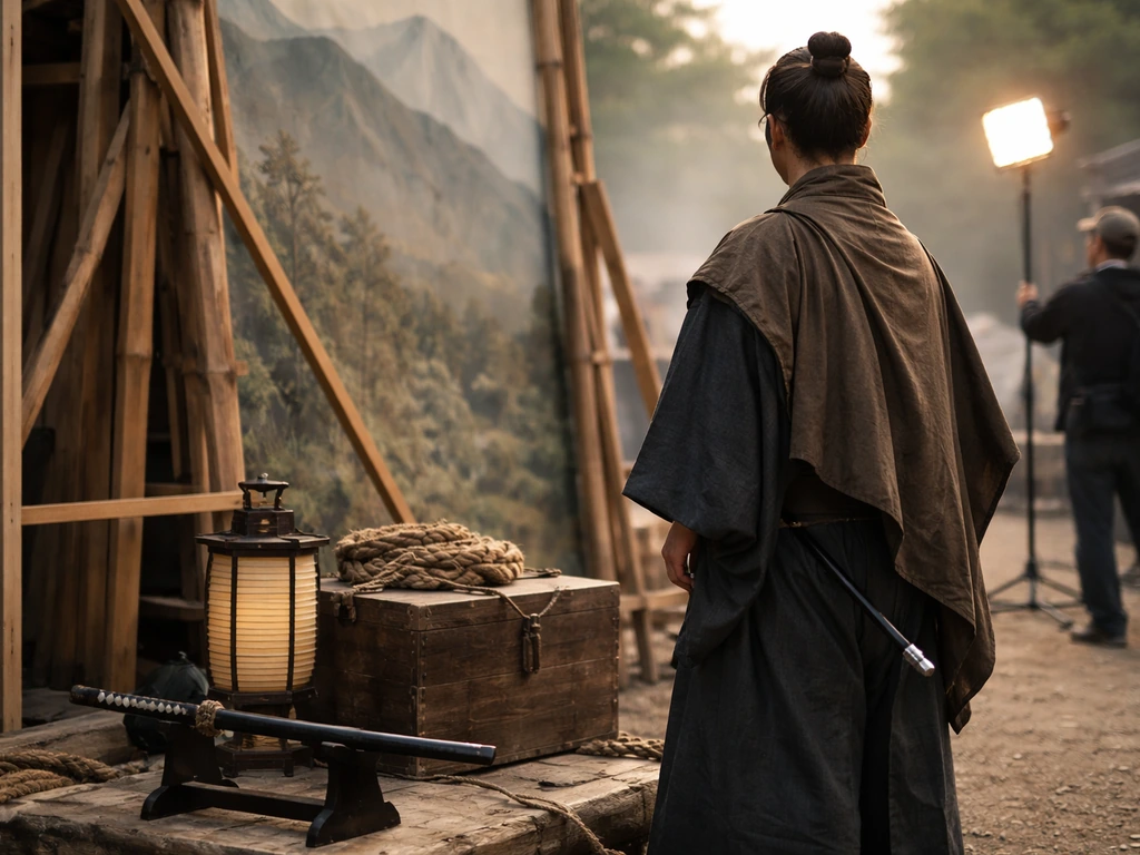 Anonymous period-costume actor on an NHK Taiga-style filming set with Edo props and natural light.