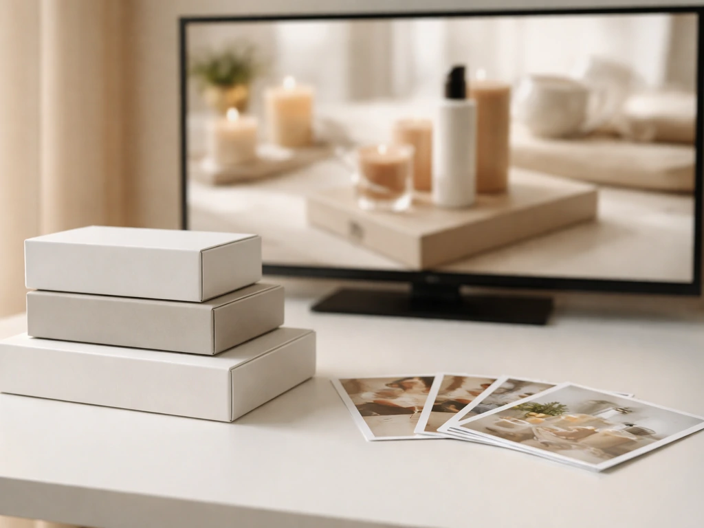 Minimal desk scene with blurred luxury TV ad backdrops, product boxes, and soft brand campaign imagery.