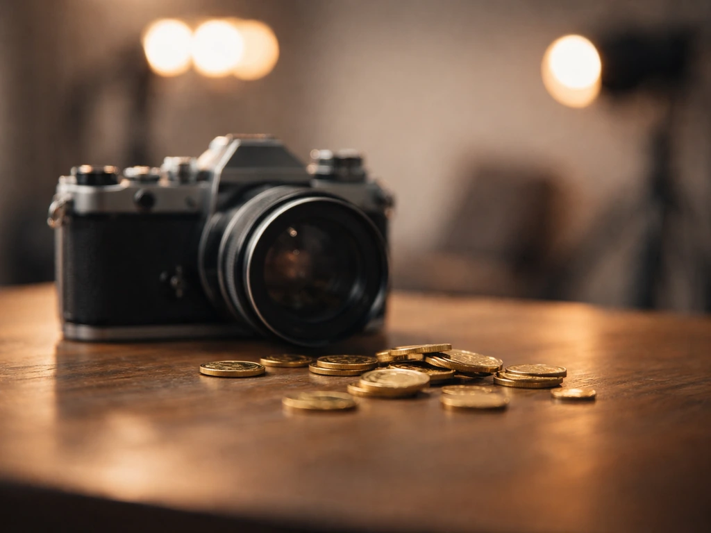 Minimal photo of a currency coin beside a film camera and studio lights, suggesting media wealth comparison