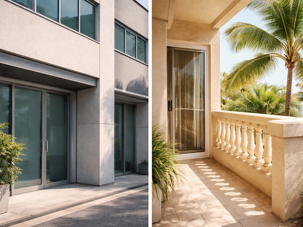 Sunlit Japanese office building facade blending into a Hawaii-style property exterior with palm trees, no people.