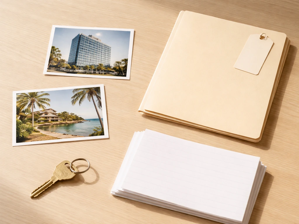 Minimal still life: real-estate photos, blank lease papers, and keys on a wooden table to suggest ownership and income.