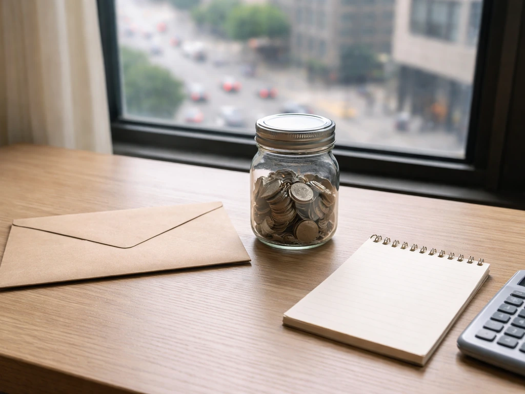 Minimal desk scene with coins and an envelope beside blank tools, symbolizing different wealth estimate methods.
