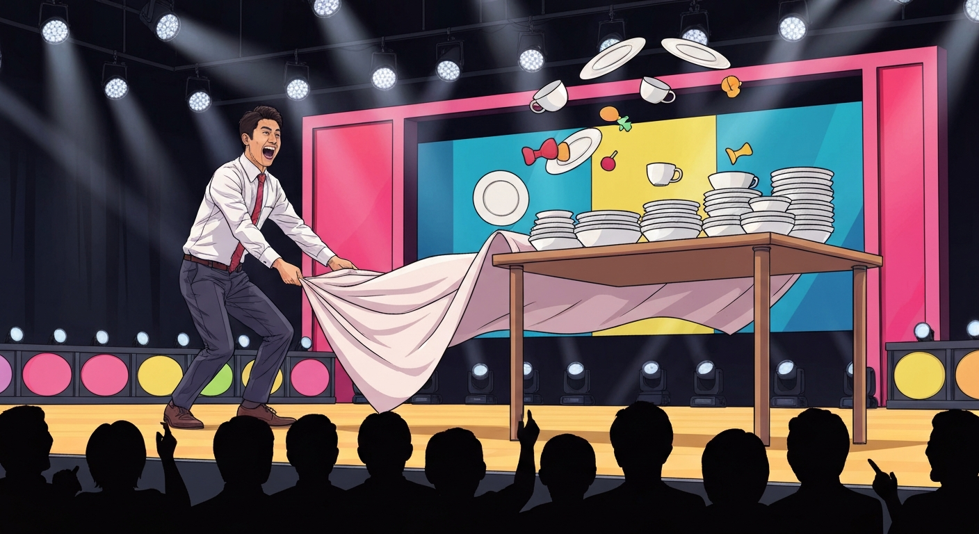 Stylized illustration of Kazuhisa Uekusa performing his signature tablecloth trick on stage, with props flying and an audience in silhouette.