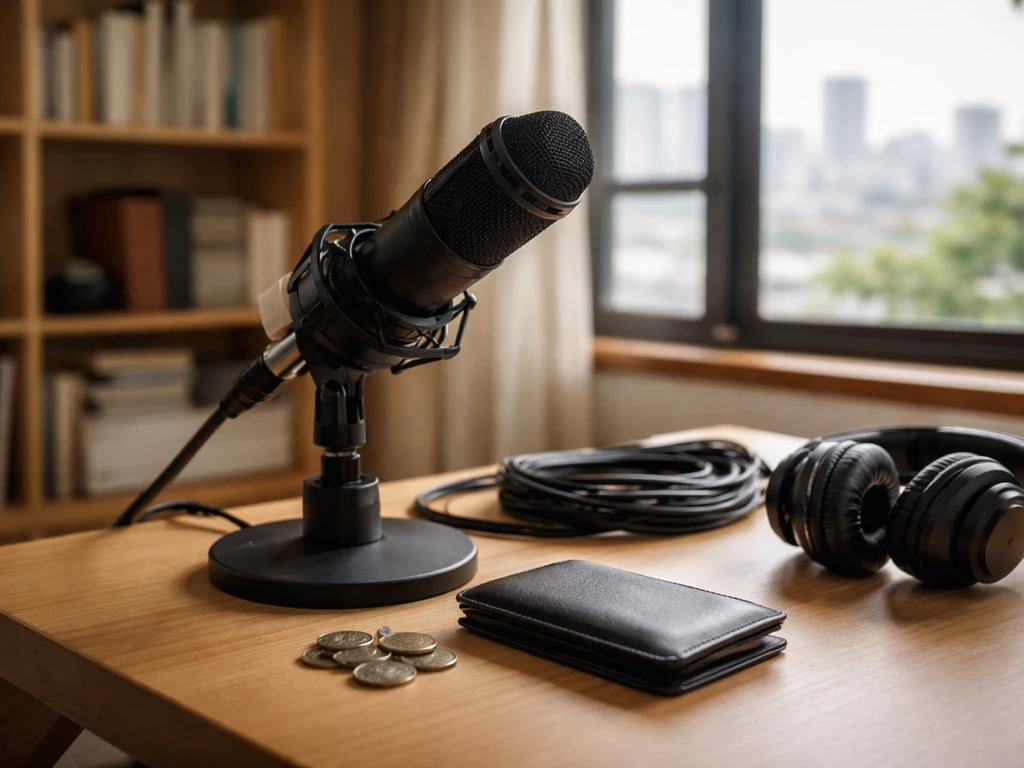 Close-up of a studio microphone and coins on a desk, evoking voice work and checking finances.