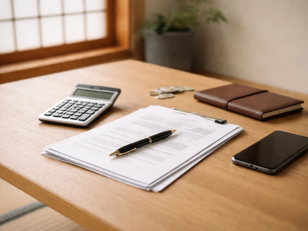 A quiet office desk with scattered documents, a calculator, and a smartphone suggesting an estimate process