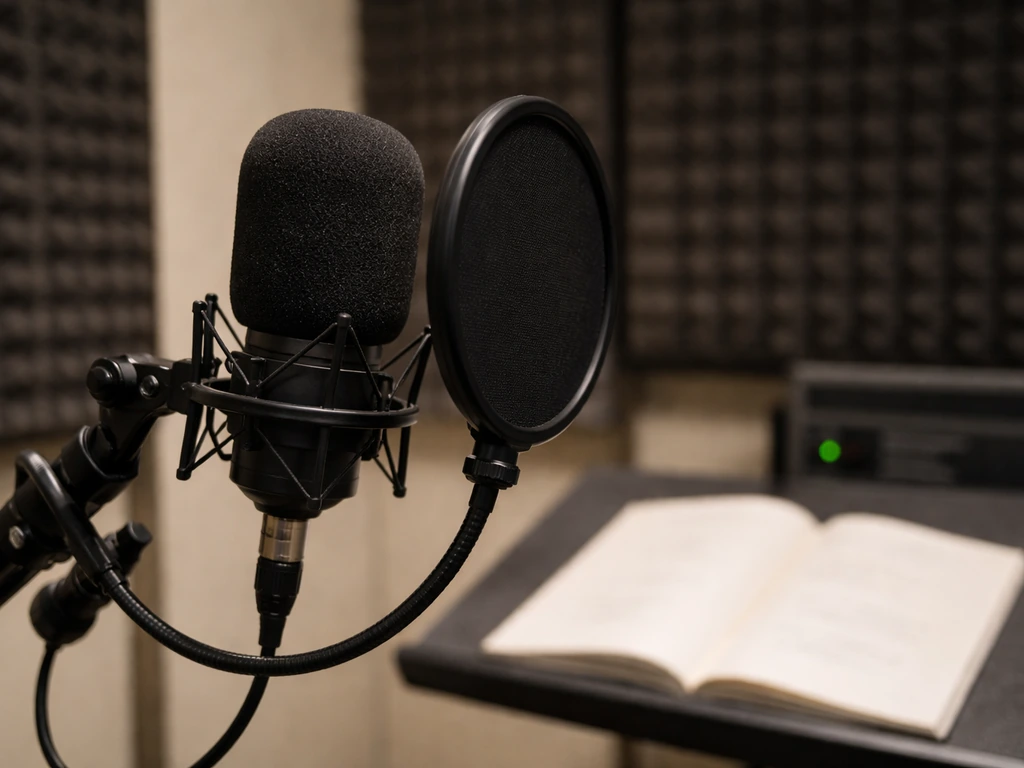 Close-up of a studio microphone with pop filter and recording setup in a quiet booth