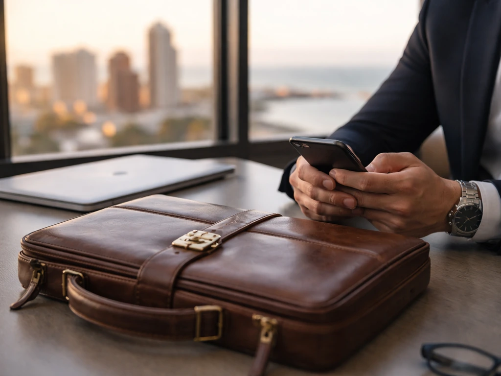 Minimal photo of an anonymous businessman at a desk with a smartphone, briefcase, and city skyline through window