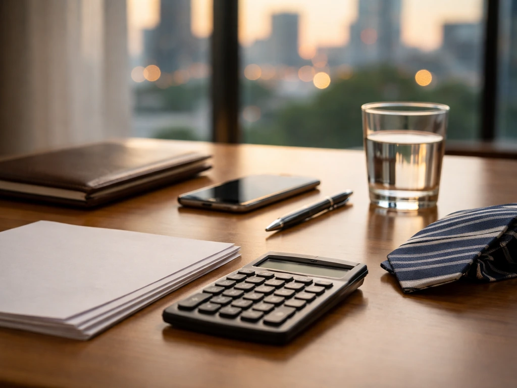 Minimal office desk with blank documents, calculator, and smartphone suggesting finance estimates.