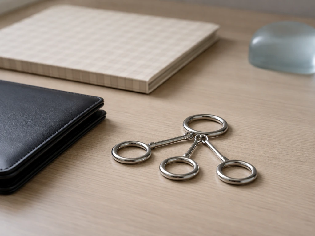 Minimal desk scene with a central connector ring branching to smaller rings, implying holding-company equity linkages.