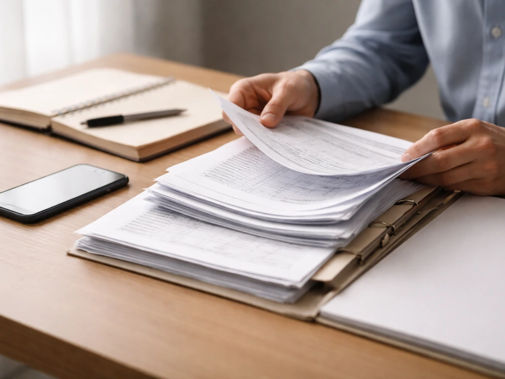 Hand turning pages in an office while comparing documents and financial records on a desk.