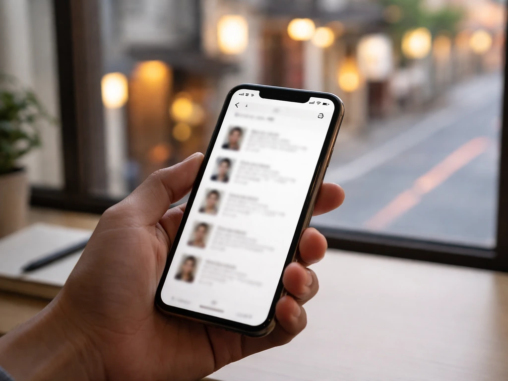 Hand holding a smartphone with blurred search results while checking which profile is correct.