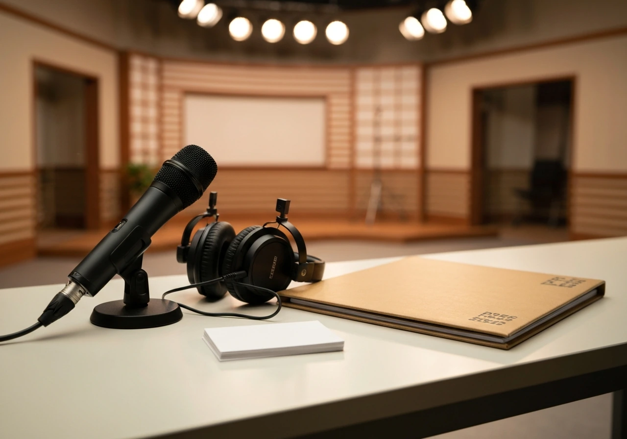 Minimal media studio scene with microphone and headphones beside a press folder, symbolizing entertainment income source