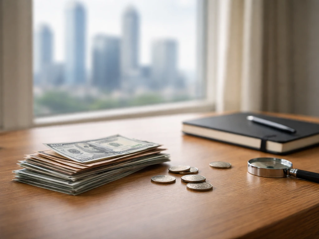 Minimal office desk scene with a small stack of cash and scattered coins, symbolizing net-worth uncertainty.