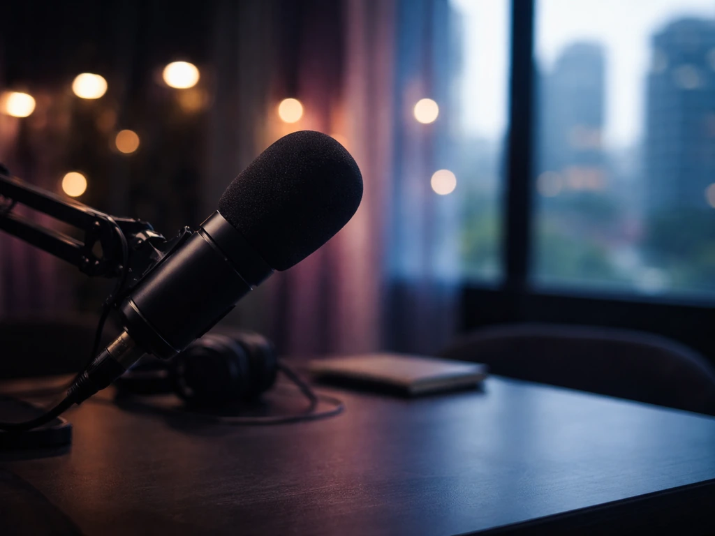 Moody Netflix reality dating theme: dim studio room with microphone and blurred city lights, identity/search vibe.