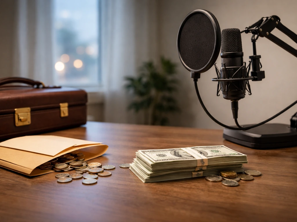 Minimal desk scene with briefcase, coins, envelopes, and a studio microphone suggesting legal and media income.