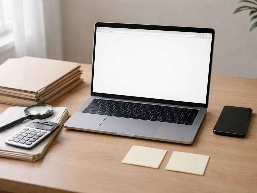 Minimal desk scene with laptop, documents, magnifying glass, and phone suggesting verifying business records.