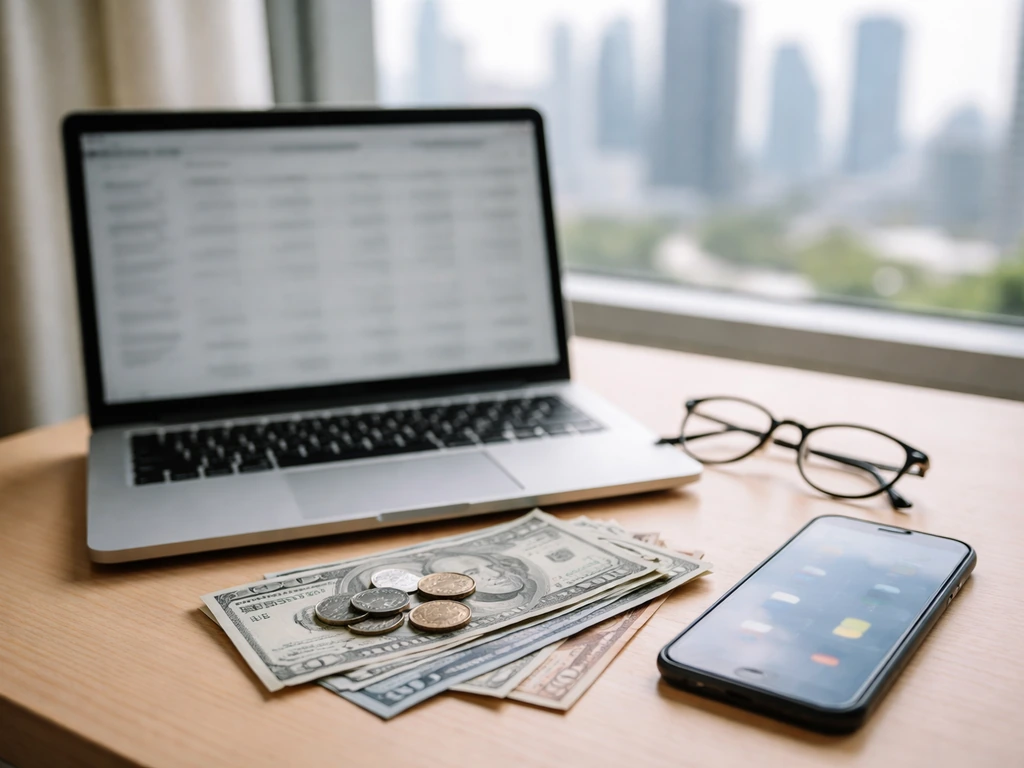 Desk with laptop and scattered cash, symbolizing differing online wealth estimates
