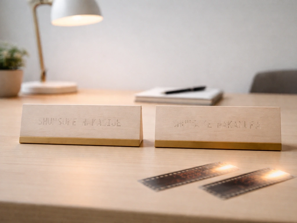 Minimal office desk with two adjacent blank nameplates and subtle film-credit motion cues, symbolizing two different peo