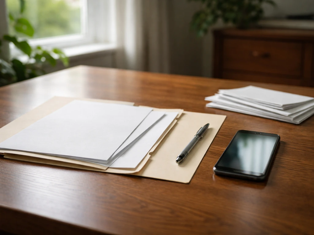 Minimal photo of a desk with documents and a smartphone, suggesting net worth estimation steps