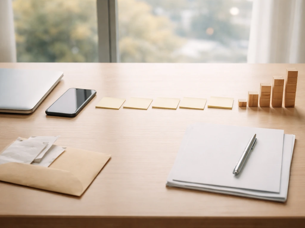 Minimal desk scene with blank notes, pen, receipts, and symbolic blocks indicating a timeline and income estimate.