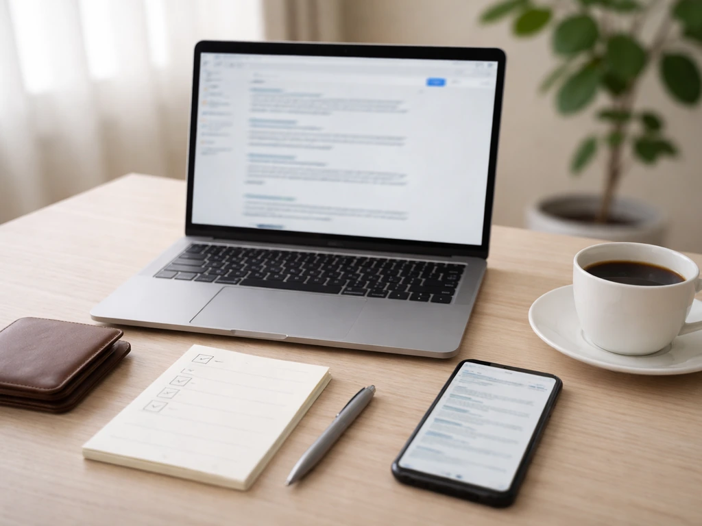 Laptop and phone on a clean desk with a blank checklist pad and coffee, suggesting estimate verification.