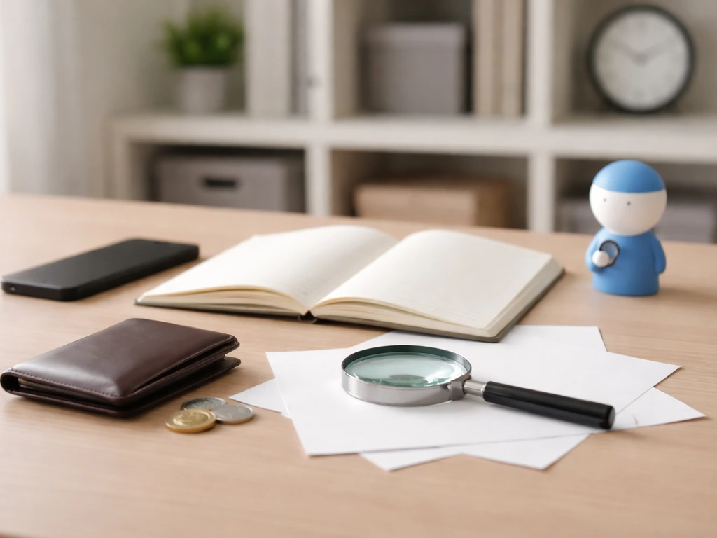 Minimal desk scene with magnifying glass, coins, and a blank notebook for fact-checking money rumors.