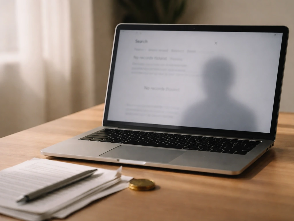 Close-up of a laptop with a financial-search page concept and an anonymous shadow silhouette on a desk