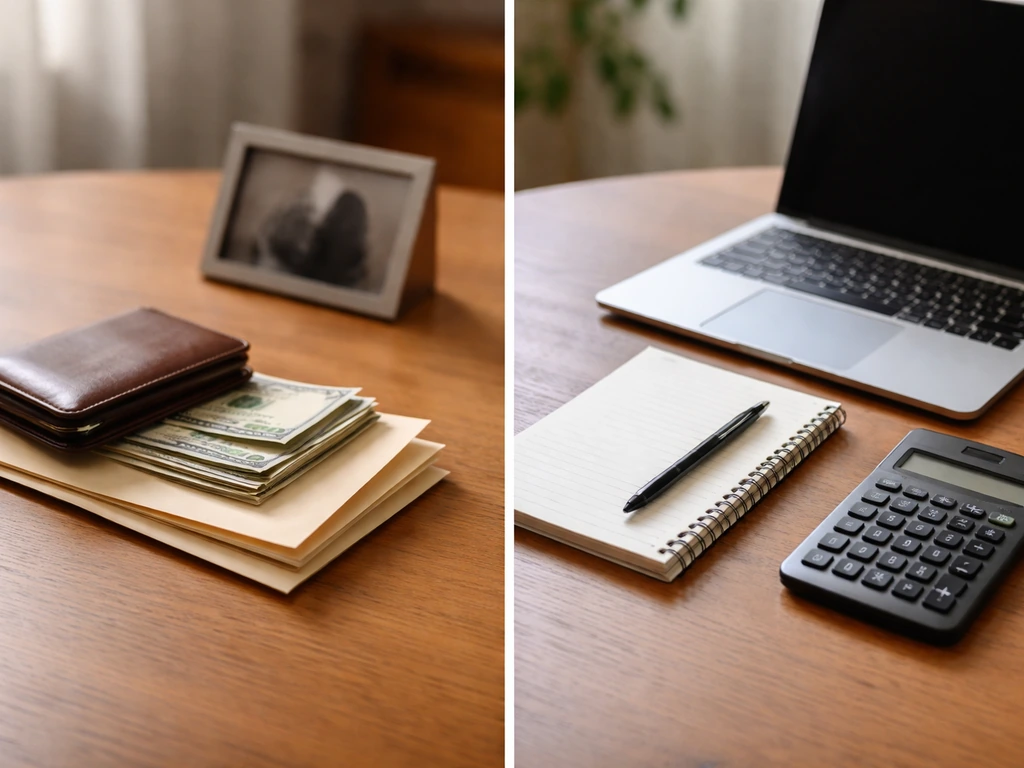 Minimal desk scene contrasting family assets and individual earnings with cash and laptop, no text.