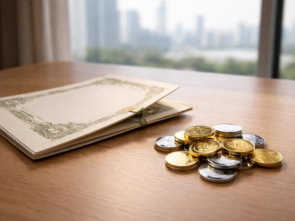 Minimal still life of a stock-certificate folder on a wooden desk with metallic equity tokens and city light behind.
