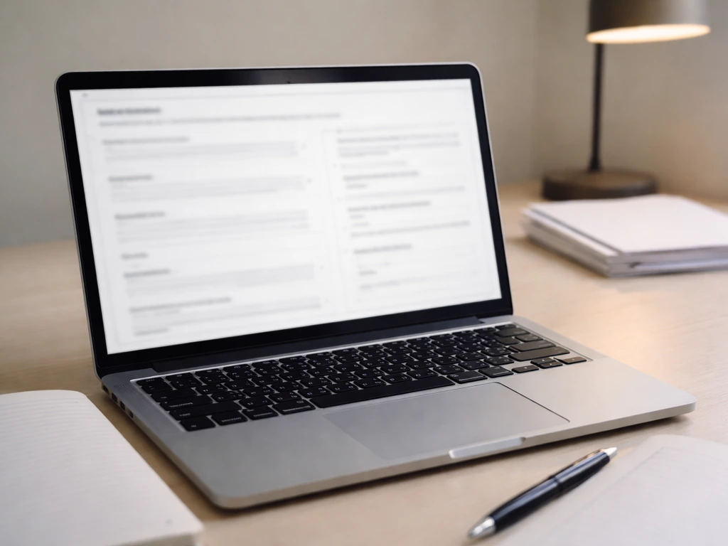 Blurred laptop showing securities disclosure-style fields, with a pen and notebook on a desk