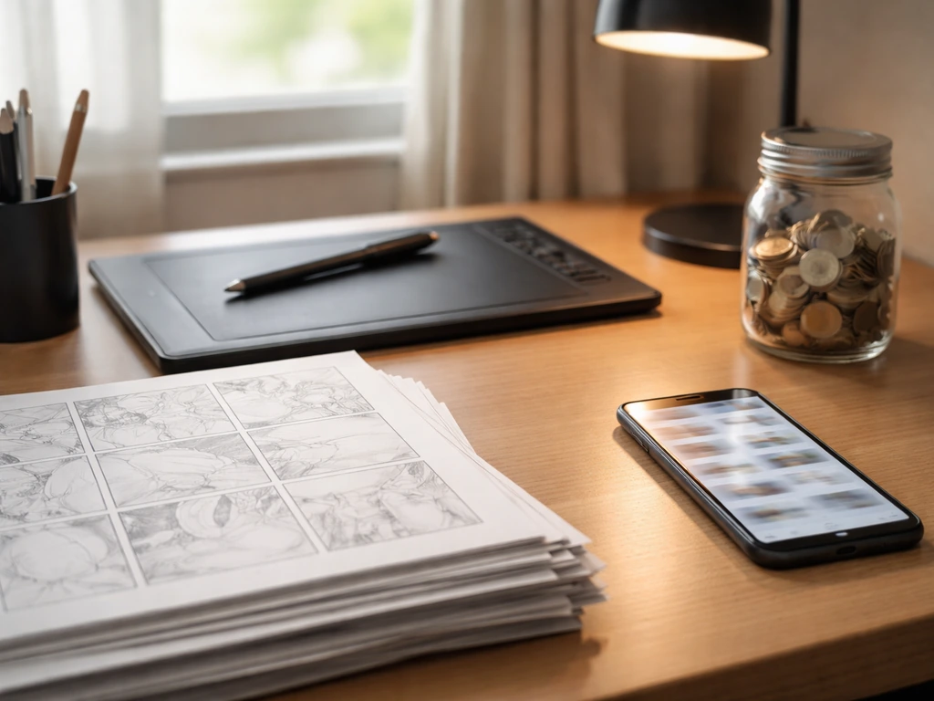 Minimal manga studio desk with drawing tools and coins, symbolizing a manga creator’s earnings topic.