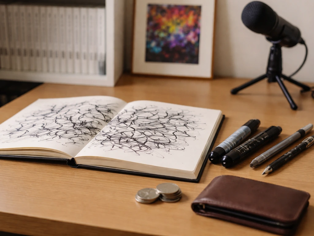 Minimal photo of a manga creator’s studio desk with pencils, sketchbook, and a subtle wealth theme