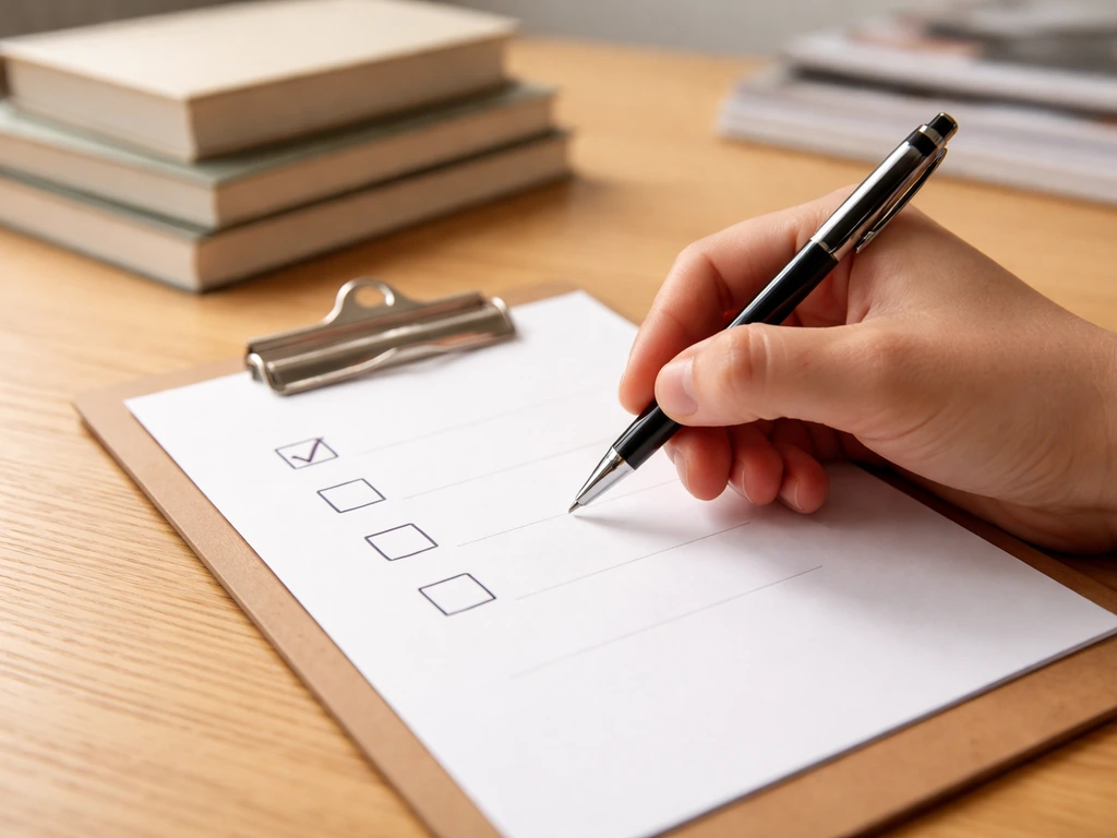Hand placing checkmarks on a checklist clipboard beside a fountain pen and stacks of books
