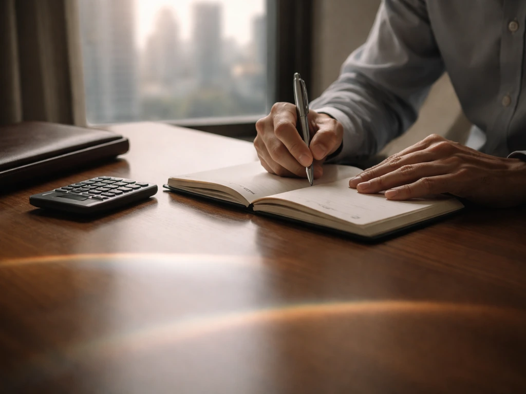 Minimal office desk scene with a notebook and calculator, with soft light bands suggesting a net-worth range.