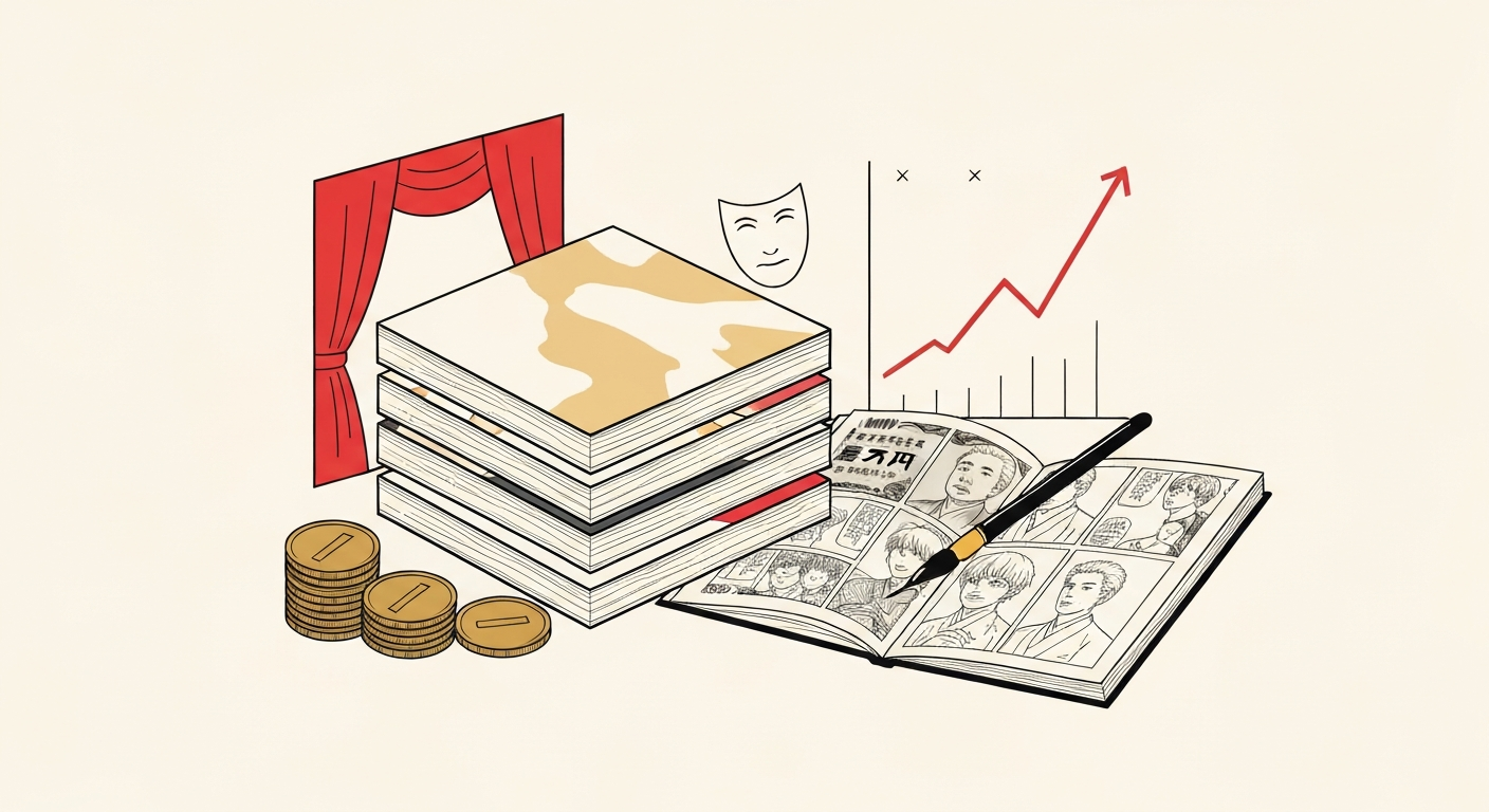 Editorial illustration of stacked manga volumes, an inking pen, yen notes, and a rising sales chart representing Takeshi Obata's career and net worth.