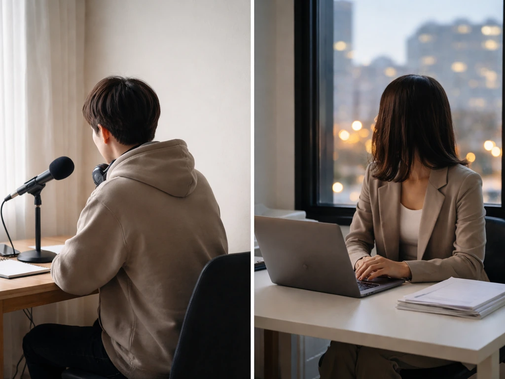 Two anonymized people at separate desk areas with small personal items, suggesting different “Yuta” IDs