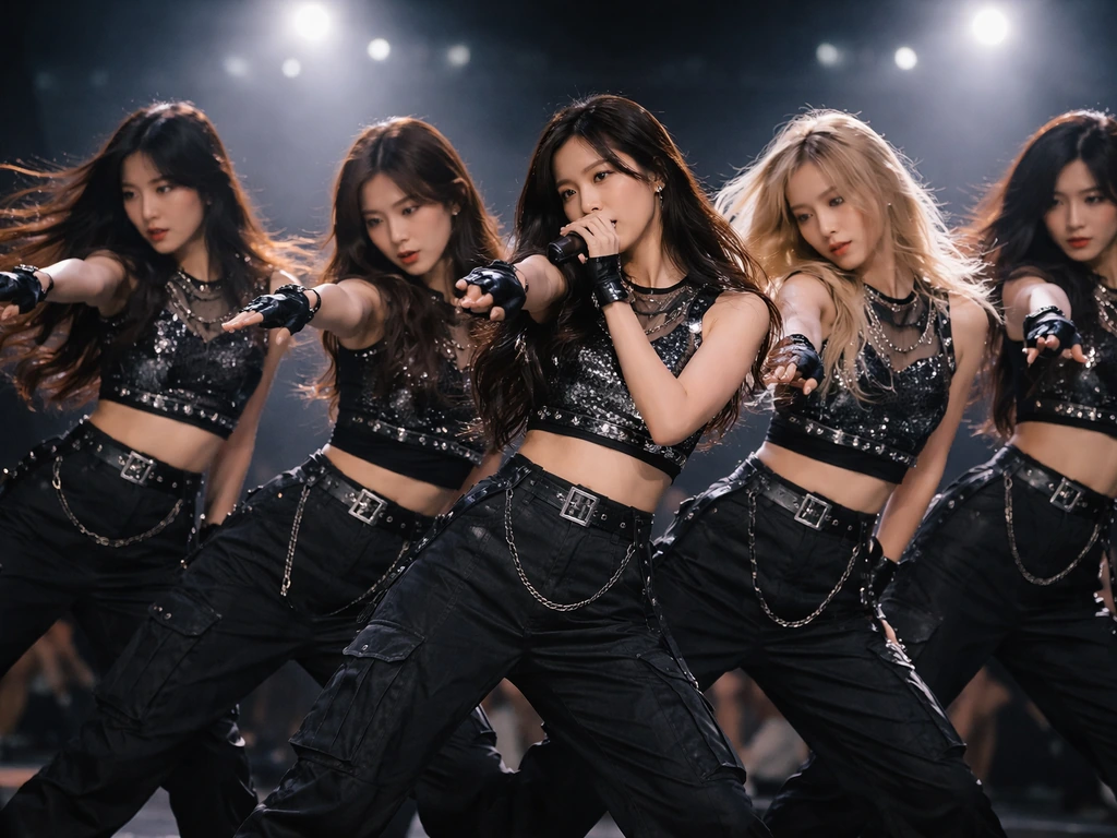Anonymous K-pop performers mid-dance on a small stage with a wireless microphone under soft lights.