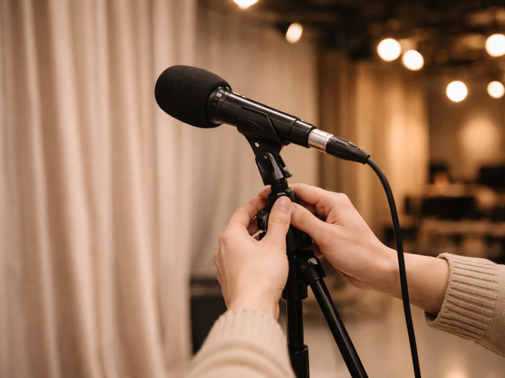 Hands adjusting a TV studio microphone stand, warm lights and soft backdrop suggesting broadcast work.