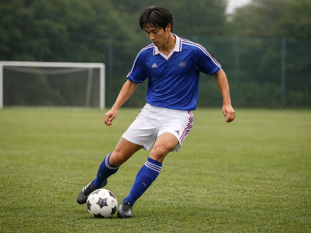 Japanese footballer in a vintage J.League-era kit practicing a touch-control pass on a quiet pitch