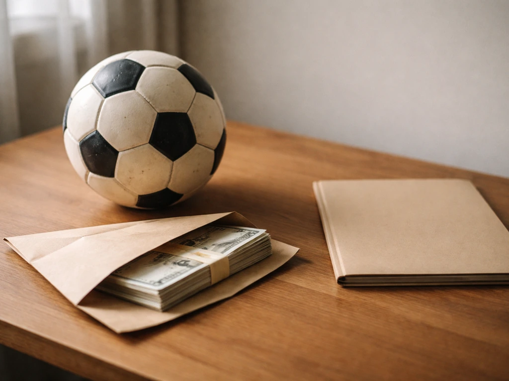 Clean desk scene with a football, cash envelope, and small brand-free contract folder for income sources concept.