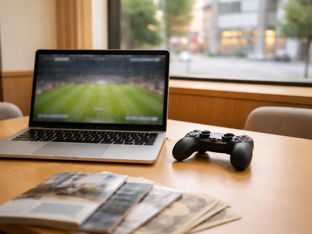 Gaming controller and laptop on a simple desk with blurred business materials and yen cash, symbolizing partnerships.