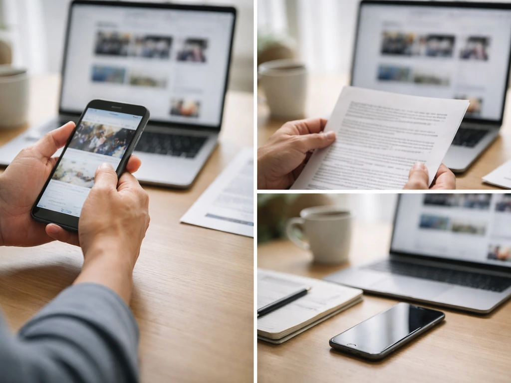 Anonymous hands using a smartphone and notes on a tidy desk, browsing sports news to verify an estimate.