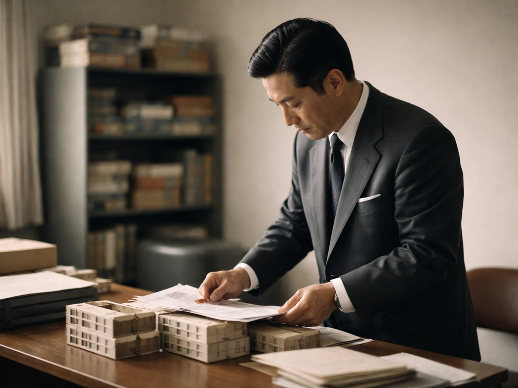 Anonymous Japanese businessman in a vintage office handling model boxes, evoking Tamiya’s founding era.